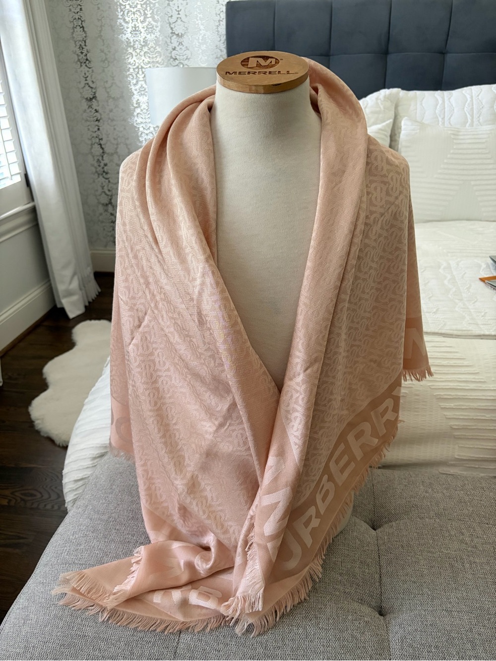 Burberry soft salmon Pink Jacquard logo Fringe Scarf Wrap